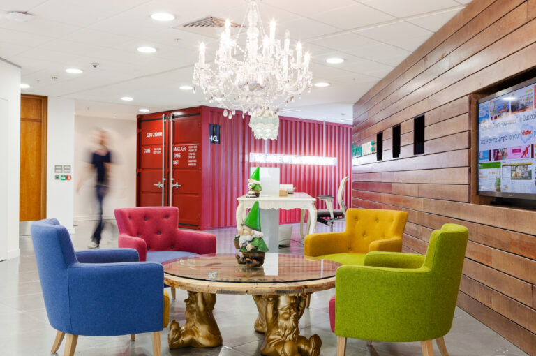 Boss Design Albany chairs in bright colors in a lobby