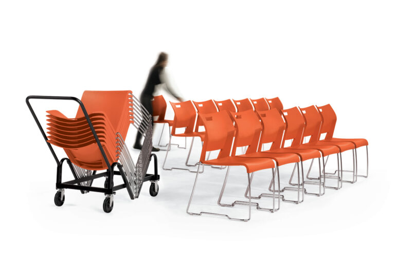 Global Duet orange stacking chairs on a dolly