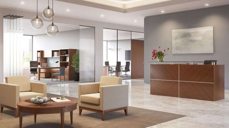 OFS Element reception desk and lounge seating