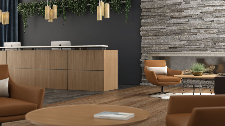 OFS Element wood reception desk with lounge seating
