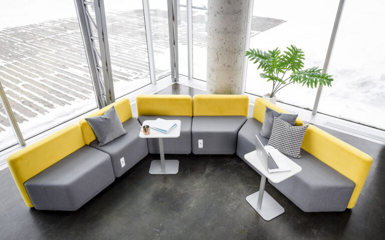 Rouillard Geo Drift modular lounge seating in gray and yellow