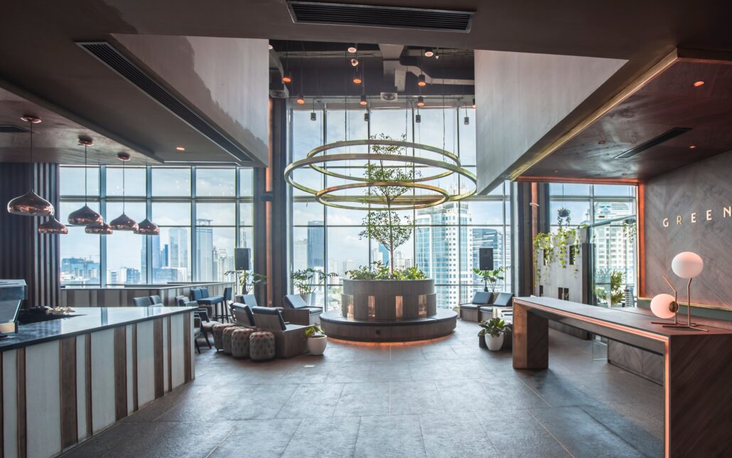Modern office lobby with lounge seating
