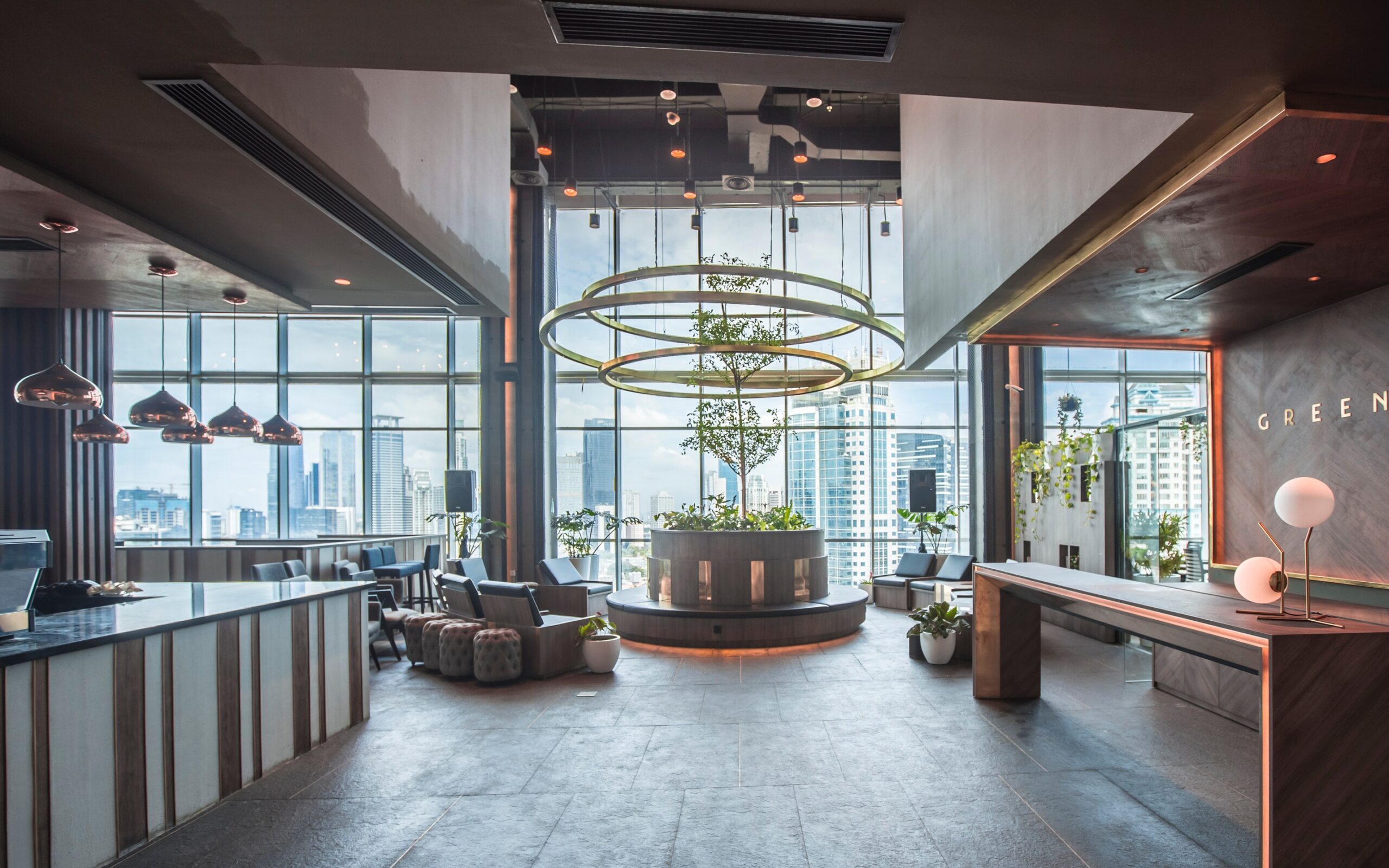 Modern office lobby with lounge seating