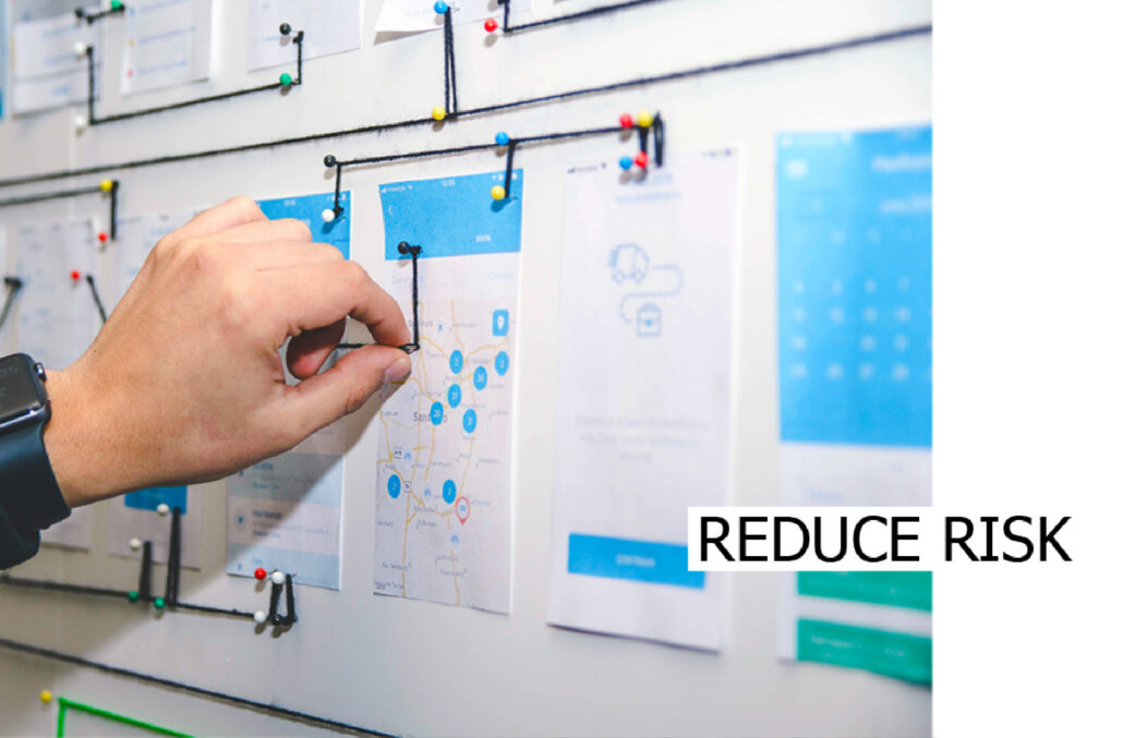 Hand pointing at a planning board with the caption Reduce risk