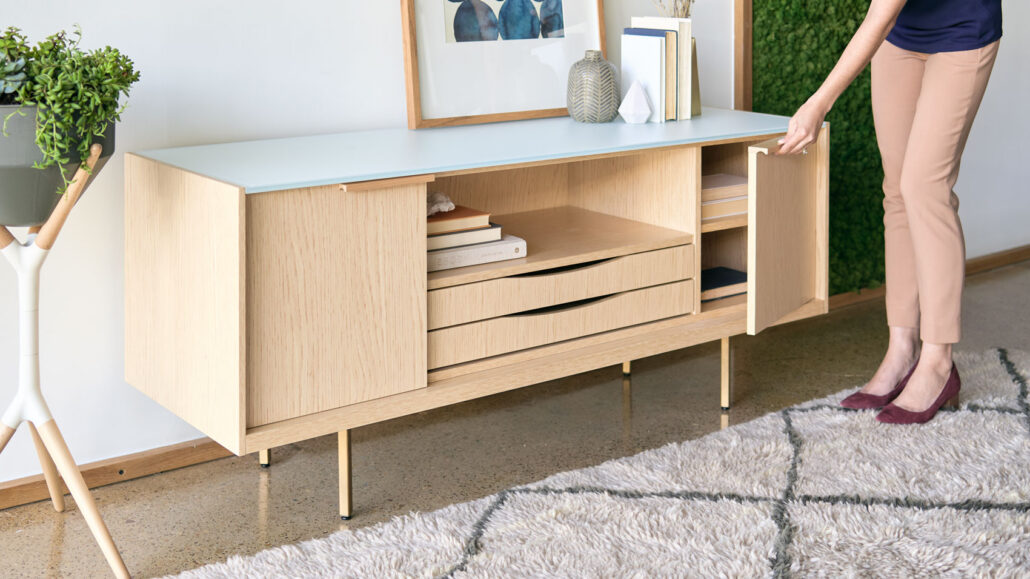 OFS wood credenza with open shelving and drawers