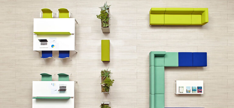 Pedrali Host and Kado modular furniture in green, blue and white