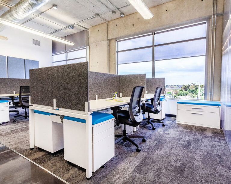 Clear Design Blade white benching workstations with privacy screens