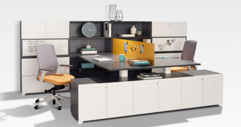 Tayco workstations with overhead storage and privacy panels