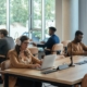 Several employees sitting at shared desk stations in an office with an open-plan layout. Everyone is hard at work.