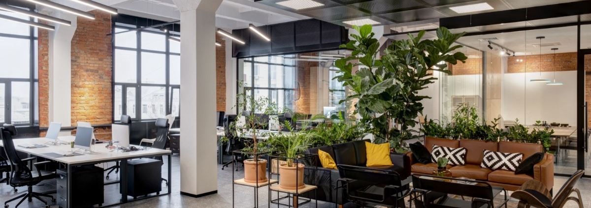 A modern office with tons of potted plants. There are several workstations, a conference room, and couches.